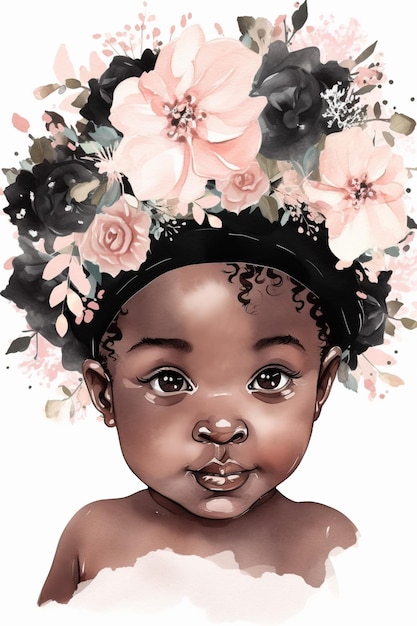 There is a drawing of a baby with a flower crown on her head generative ai