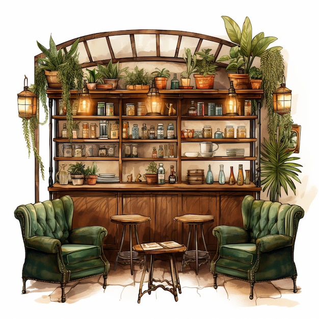 There is a drawing of a bar with a lot of plants generative ai