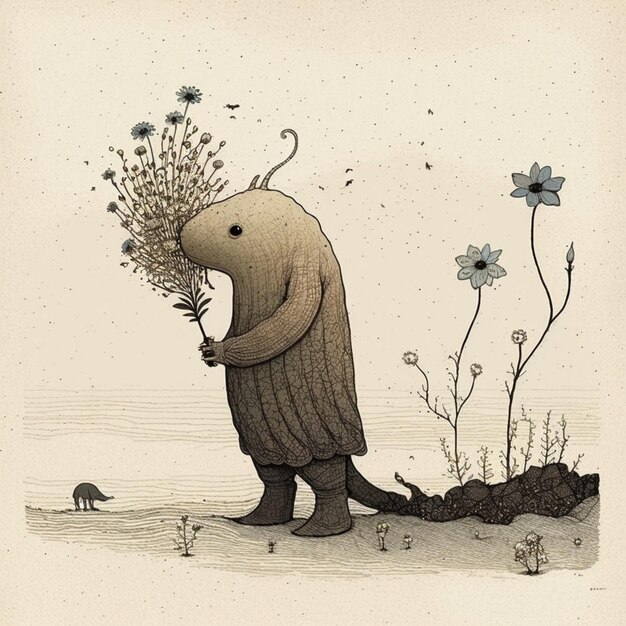 Photo there is a drawing of a bear holding a bunch of flowers generative ai