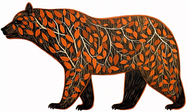 There is a drawing of a bear with orange leaves on it generative ai