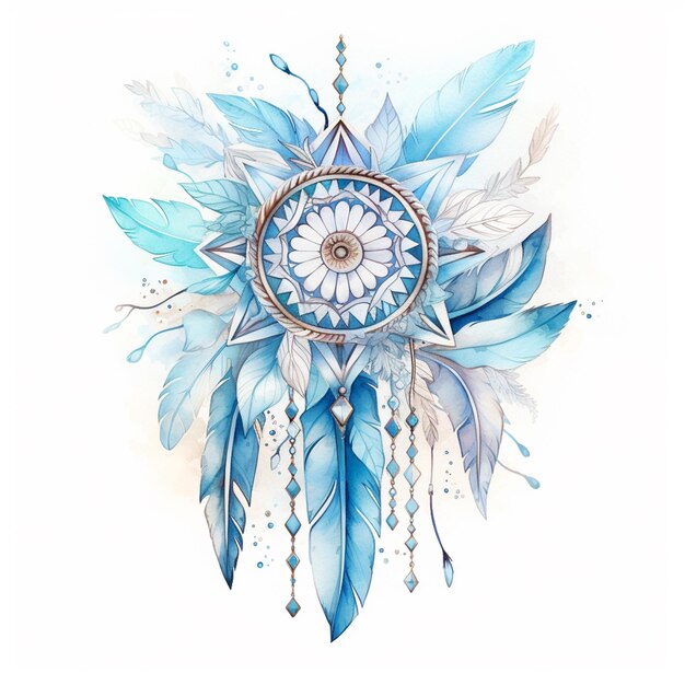 there is a drawing of a blue and white dream catcher generative ai