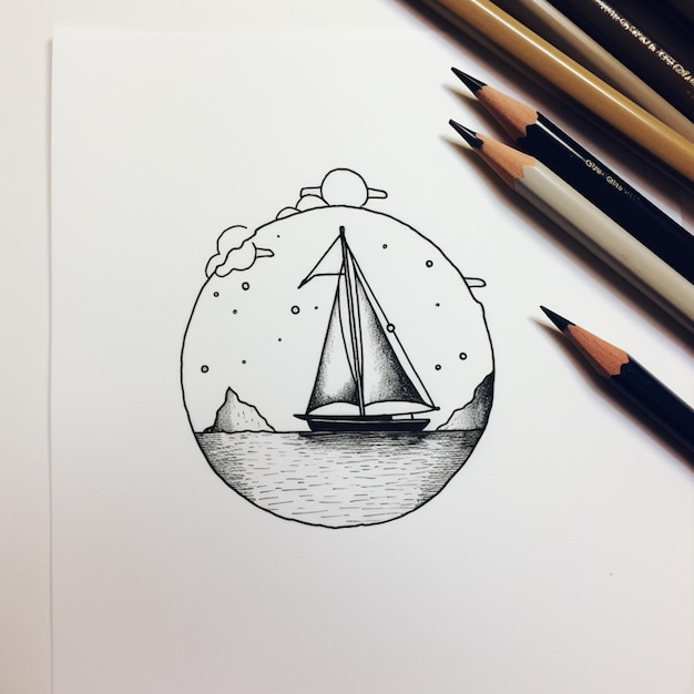 there is a drawing of a boat in the water with a sky background generative ai