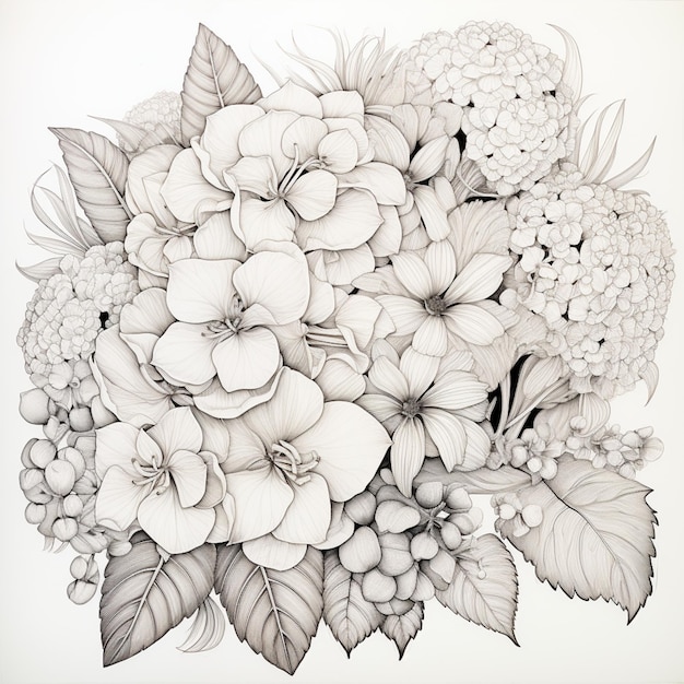 there is a drawing of a bouquet of flowers with leaves generative ai