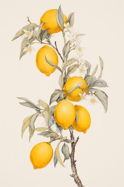 there is a drawing of a branch of lemons with leaves generative ai