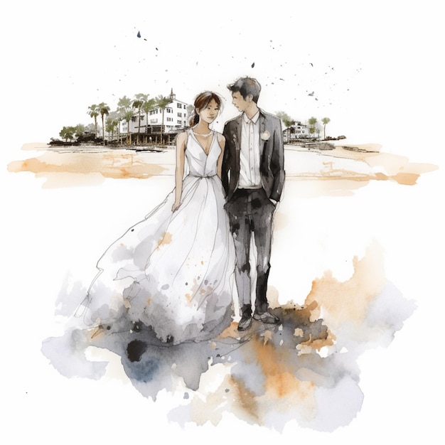 Photo there is a drawing of a bride and groom walking together generative ai