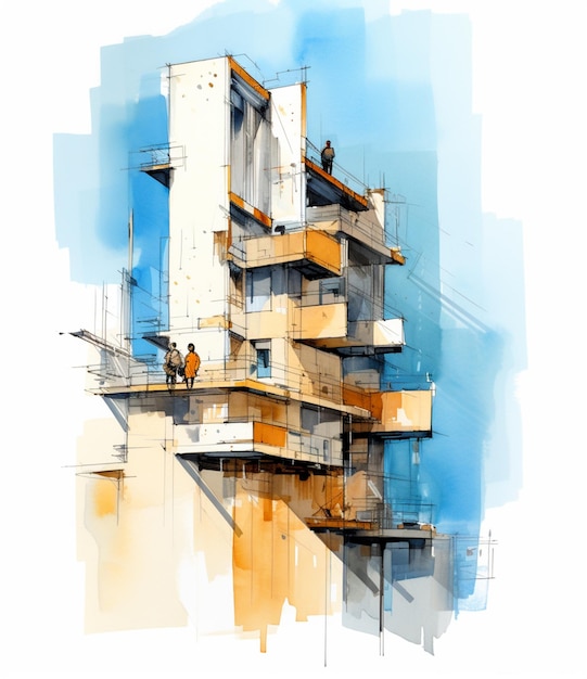 There is a drawing of a building with a man on the balcony generative ai