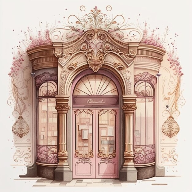 there is a drawing of a building with a pink door generative ai