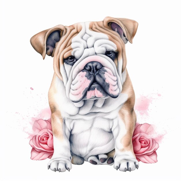 there is a drawing of a bulldog sitting with roses on the ground generative ai