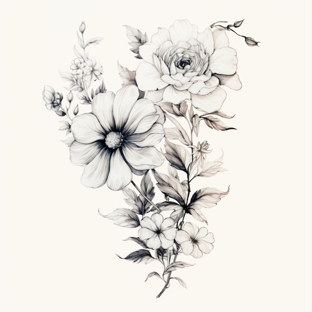 Photo there is a drawing of a bunch of flowers on a white background generative ai