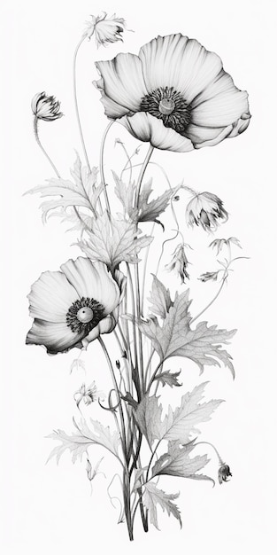 There is a drawing of a bunch of flowers on a white background generative ai