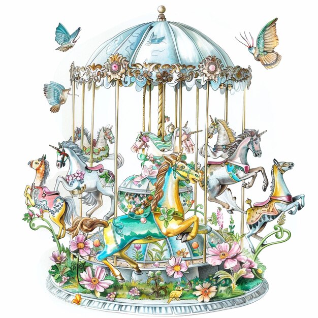 there is a drawing of a carousel with horses and butterflies generative ai