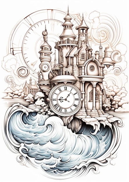 there is a drawing of a castle on a wave with a clock generative ai