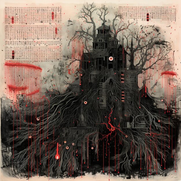 Photo there is a drawing of a castle with a tree in the middle generative ai