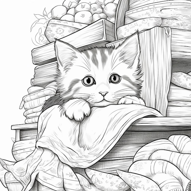 Есть рисунок кошки, которая сидит на куче книг.