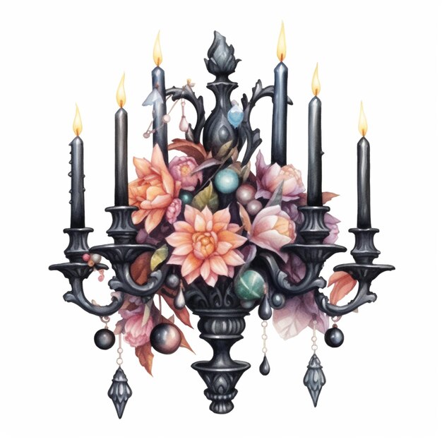Photo there is a drawing of a chandelier with flowers and candles generative ai