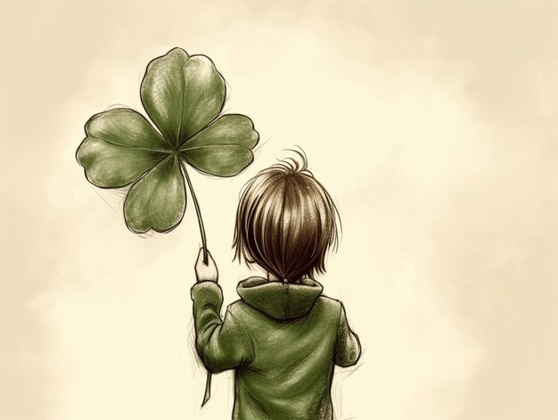 There is a drawing of a child holding a four leaf clover generative ai