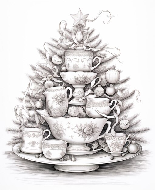 there is a drawing of a christmas tree made of tea cups generative ai