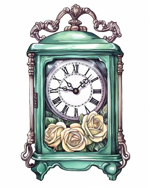 There is a drawing of a clock with roses on it generative ai