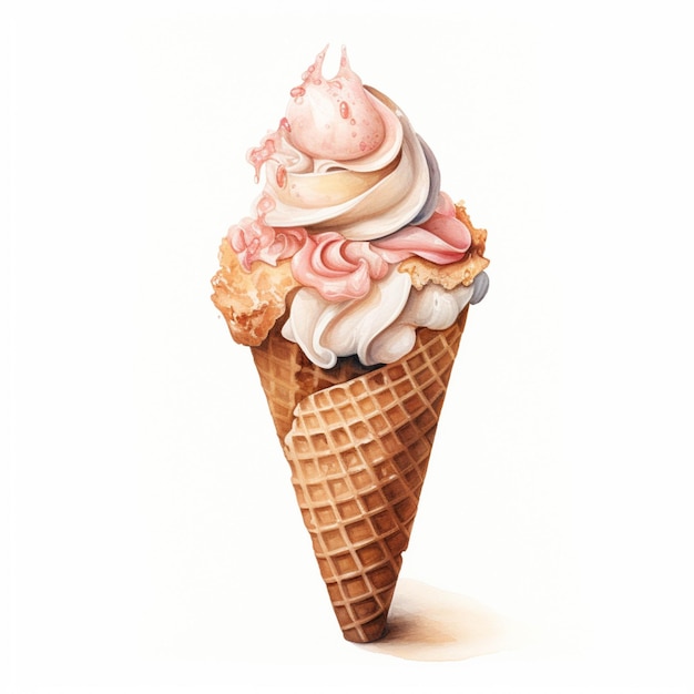 분홍색과 흰색 아이스크림 생성 AI가 있는 원뿔 그림이 있습니다.