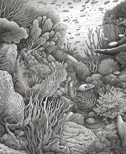 there is a drawing of a coral reef with fish and other animals generativ ai