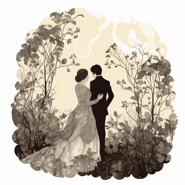 Photo there is a drawing of a couple standing in a garden generative ai