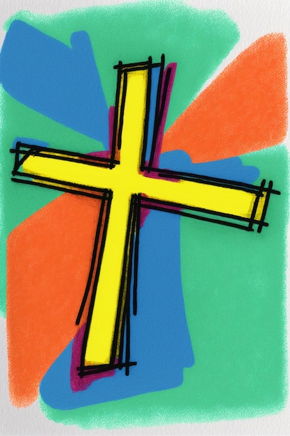 There is a drawing of a cross on a colorful background generative ai