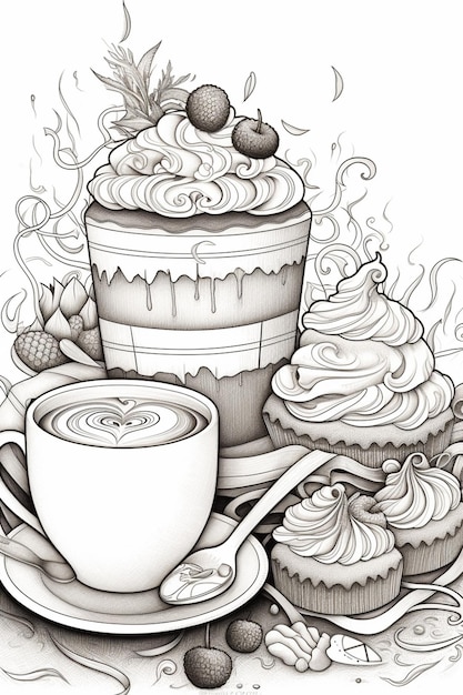 there is a drawing of a cup of coffee and a cake generative ai