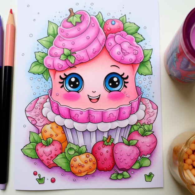 Photo there is a drawing of a cupcake with strawberries on it generative ai