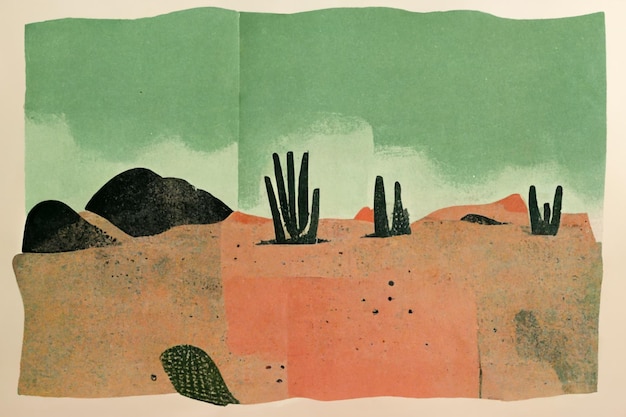 There is a drawing of a desert with cactus plants and rocks generative ai