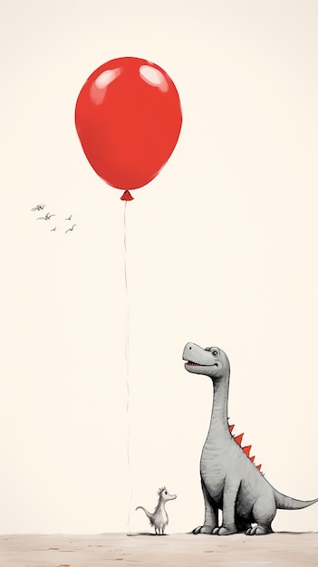 there is a drawing of a dinosaur and a cat flying a balloon generative ai