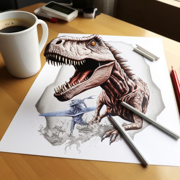 Photo there is a drawing of a dinosaur with a bird on it generative ai