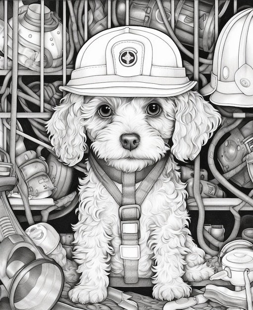 there is a drawing of a dog wearing a firemans hat generative ai