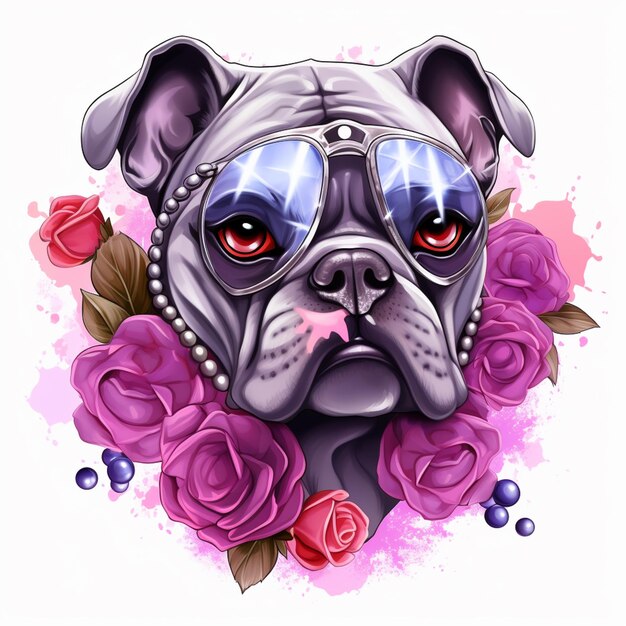 Photo there is a drawing of a dog with sunglasses and roses generative ai