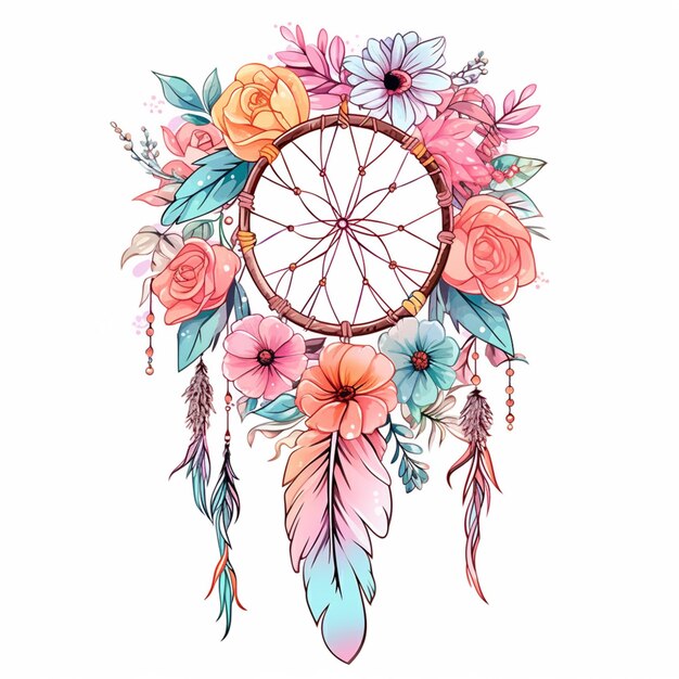 Photo there is a drawing of a dream catcher with flowers and feathers generative ai