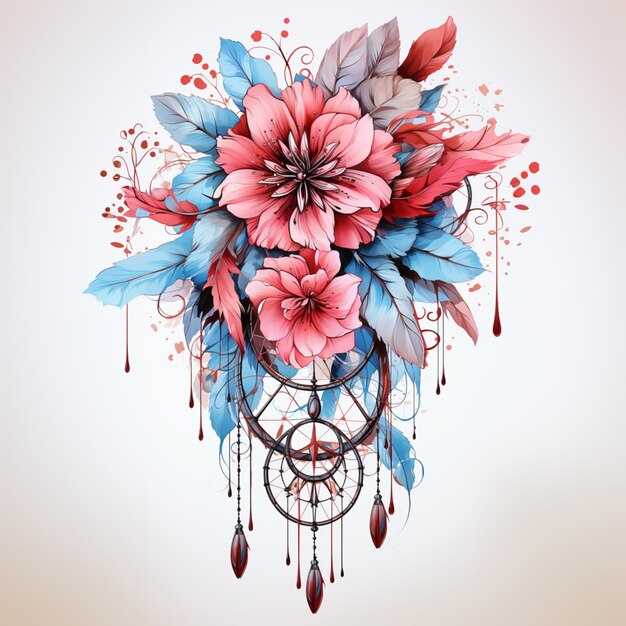 Photo there is a drawing of a dream catcher with flowers and leaves generative ai