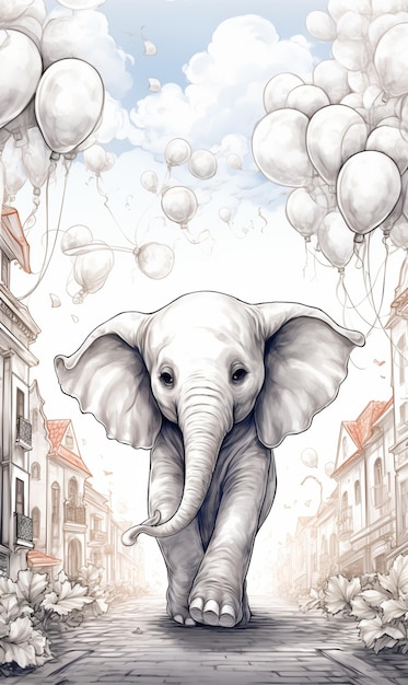 Foto c'è un disegno di un elefante che cammina lungo una strada ai generativa
