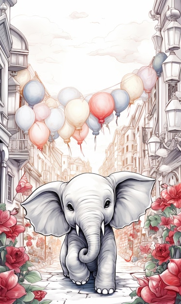 there is a drawing of an elephant with balloons in the air generative ai