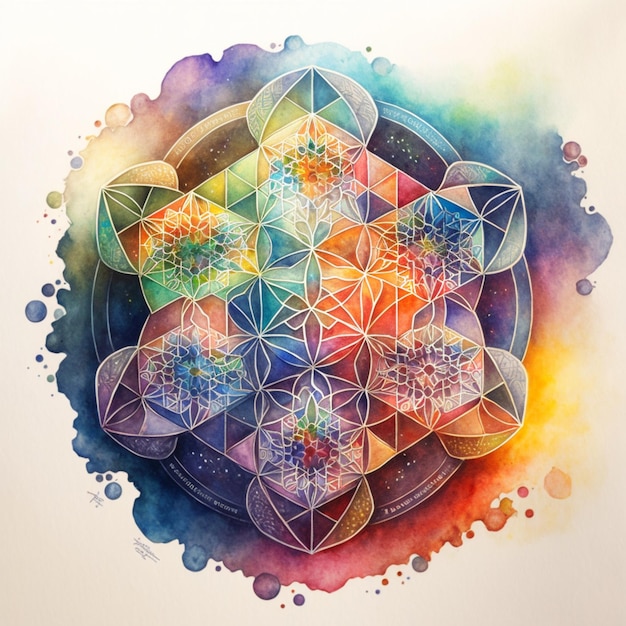 there is a drawing of a flower of life with a watercolor background generative ai
