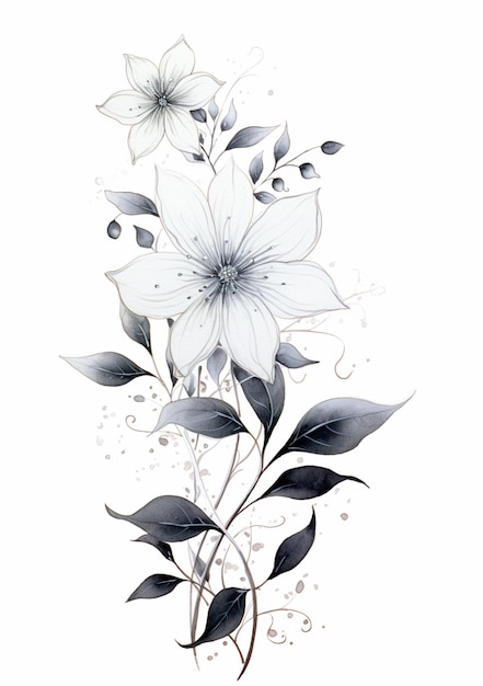 there is a drawing of a flower with leaves and flowers generative ai