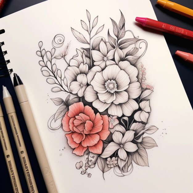 there is a drawing of a flower with some colored pencils generative ai