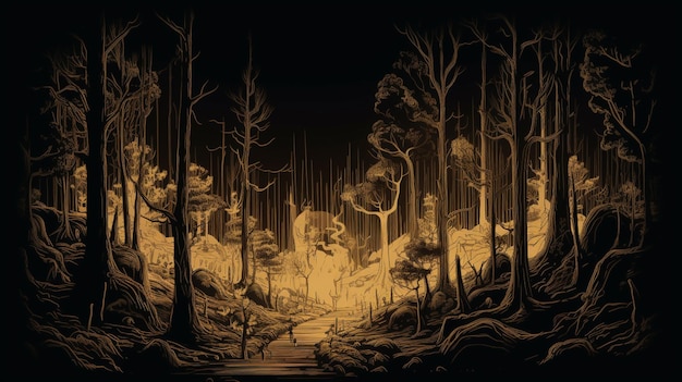 there is a drawing of a forest with a path in the middle generative ai