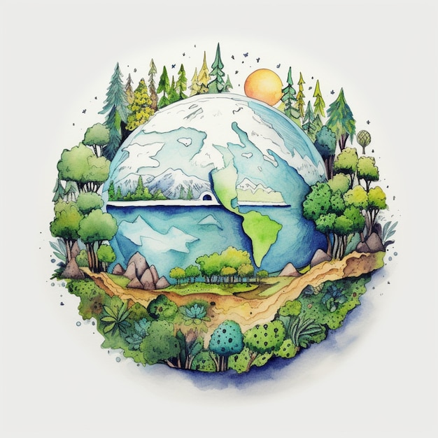 Foto c'è il disegno di un globo con una foresta attorno ad esso generativo ai