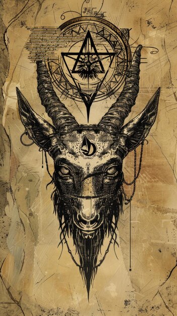 Photo there is a drawing of a goat with a pentagram on it