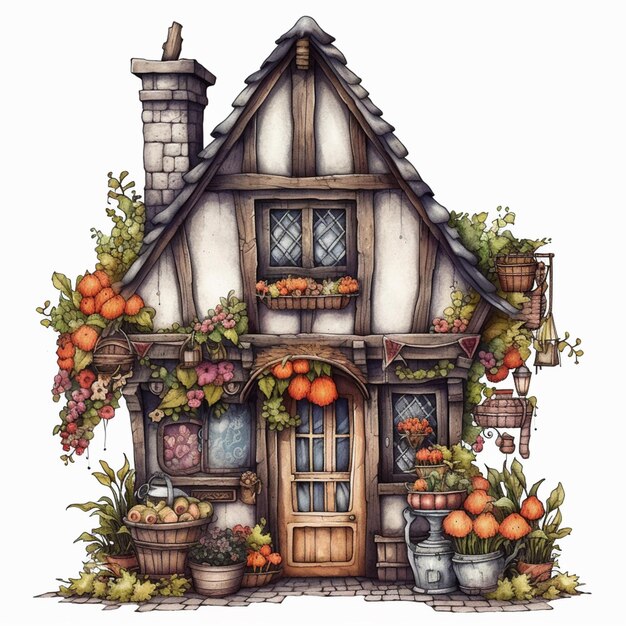 there is a drawing of a house with a lot of fruit on the front generative ai