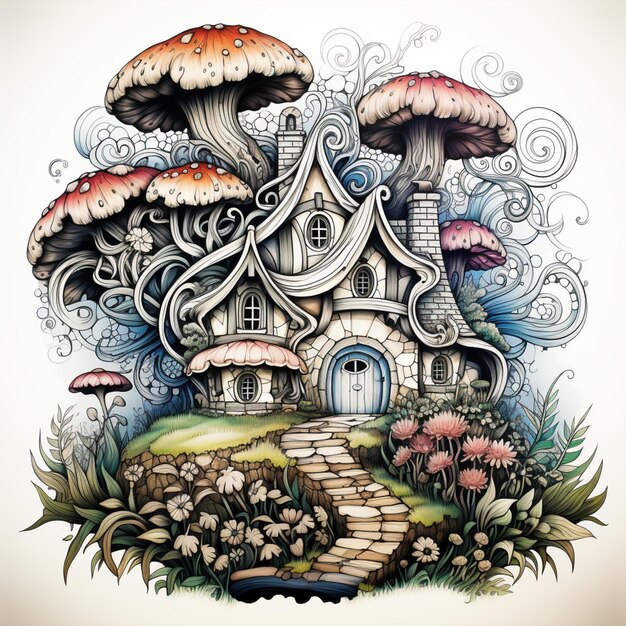 Photo there is a drawing of a house with mushrooms on the roof generative ai