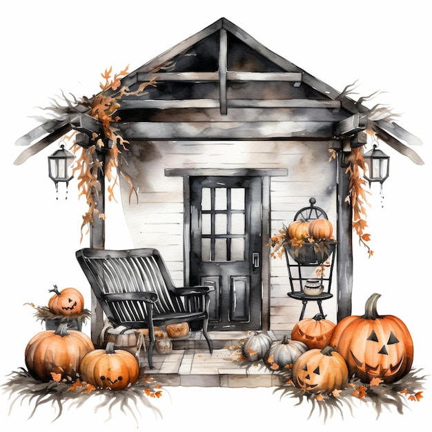There is a drawing of a house with pumpkins and a chair generative ai