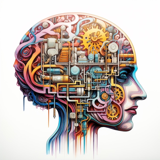 есть рисунок человеческой головы с машиной внутри нее, генеративный искусственный интеллект