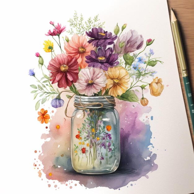 there is a drawing of a jar with flowers in it generative ai