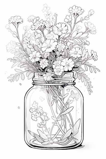 There is a drawing of a jar with flowers in it generative ai