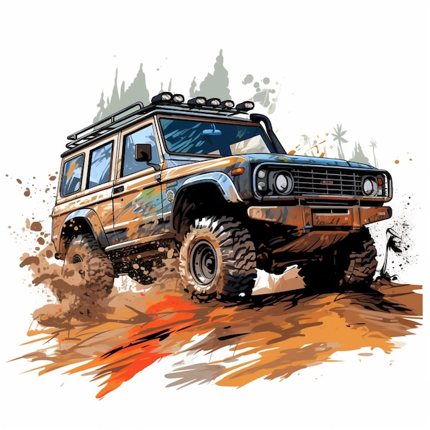 there is a drawing of a jeep driving on a dirt road generative ai